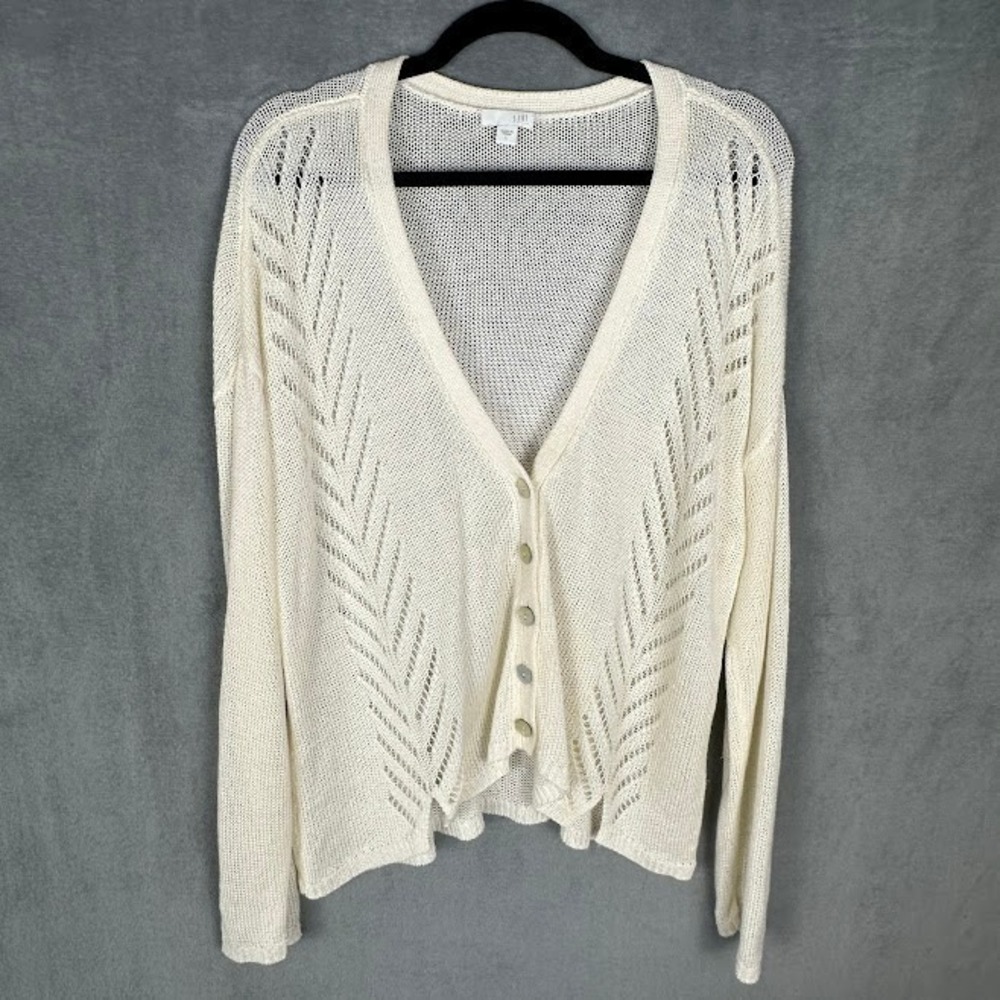 J Jill Cardigan Sweater Womens Large Cream Linen Lightweight Minimalist Resort